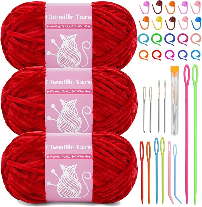 LUNARM Chenille Velvet Yarn, Yarn for Crocheting Knitting with Big Eye Needles, Handcrafts Weaving Soft Chenille Yarn for Making Blankets Clothes Pattern Knitting-3 * 3.35oz,3 * 162yds(Bright Red)