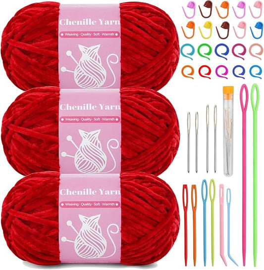 LUNARM Chenille Velvet Yarn, Yarn for Crocheting Knitting with Big Eye Needles, Handcrafts Weaving Soft Chenille Yarn for Making Blankets Clothes Pattern Knitting-3 * 3.35oz,3 * 162yds(Bright Red)