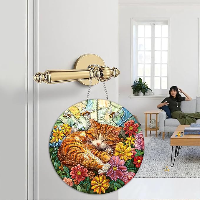 Zariocy Hanging Diamond Art Ornament Cat Kits for Adults – Special Crystal Double Sided Pendant, DIY Animal Diamond Painting Acrylic Board Window Pendants Home Garden Wall Hanging Decor 8x8 inch