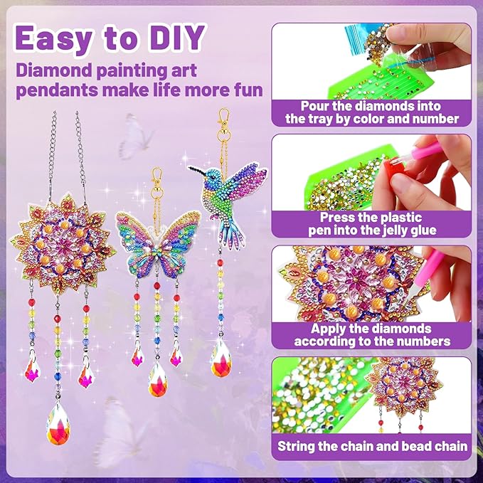 Arts and Crafts for Kids 6-12, Birthday Gifts for Girls, DIY Diamond Painting Kits for Kids Teens Adults, Butterfly Sun Hummingbird Wind Chimes for Home Garden Decor