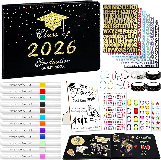 LUYI 29 Pcs 2026 Graduation Guest Book Set with Graduation Photo Guest Book Sign, Graduation Scrapbook Photo Album Memory Book DIY Kit with Markers Stickers for Congrats Grad Gifts Party Supplies