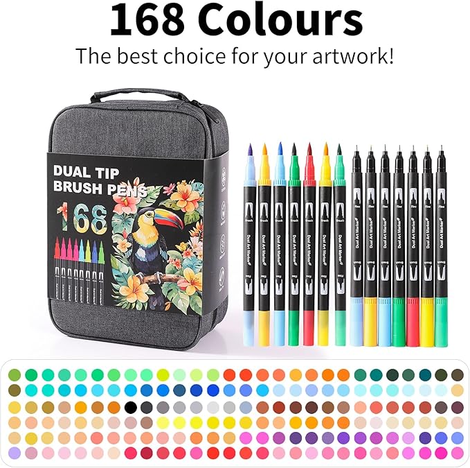 Dual Tip Markers, Brush Art Markers Set with Fine Tip and Brush Tip for Adult Coloring Book, Hand Lettering, Calligraphy & Drawing, Professional Art Supplies Kit for Adults (168 Colors)
