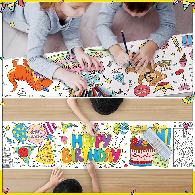 Janlaugh 3 Pack Happy Birthday Coloring Paper Roll for Kids 118 X11.8 Inch Drawing Paper Roll Giant Coloring Poster Jumbo Motivational Page Tablecloth for Adult Birthday Party Classroom Craft Team Art