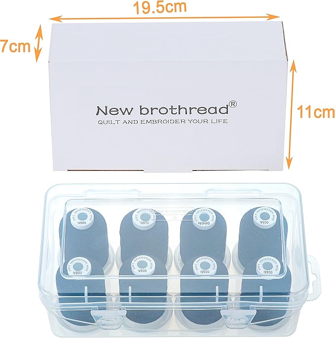 New brothread - 18 Options - Multi-Purpose 100% Mercerized Cotton Thread 50S/3 600M Each Spool for Quilting, Serger, Sewing and Embroidery - 8xBlack with Clear Plastic Storage Box