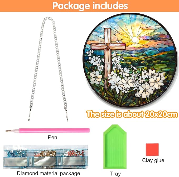 Zariocy Hanging Diamond Art Ornament View of The Cross Kits for Adults – Special Crystal Double Sided Pendant, DIY Diamond Painting Acrylic Board Window Pendants Home Garden Hanging Decor 8x8 inch