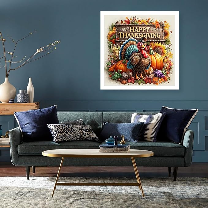 DIYDECORFUN Thanksgiving Turkey Diamond Painting Kits for Adults, 5D Fall Diamond Art Kits for Beginners, Full Round Drill Diamond Dot Painting Gem Art Kits,Home Wall Decor 13.8x13.8 Inch