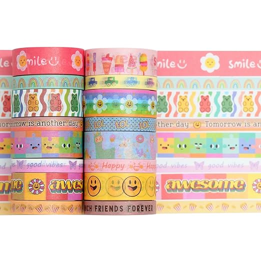 YUBX Cute Cartoon Washi Tape Set 16 Rolls Bright Colors Kawaii Masking Graphic Decorative Tapes for Arts, DIY Crafts, Journals, Planners, Scrapbook, Wrapping