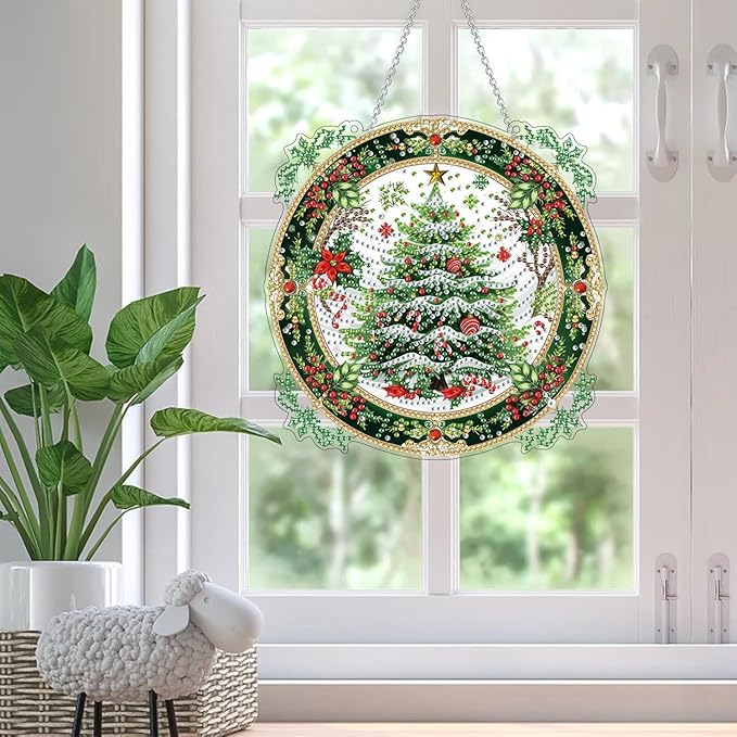 SKRYUIE Christmas Hanging Diamond Art Kits for Adults Pendant Suncatcher, Special Shaped Crystal DIY Pearl Diamond Painting Kit, Gift for Mother Spring Summer Window Wreath Decor 7.88 x 7.88 Inch D2