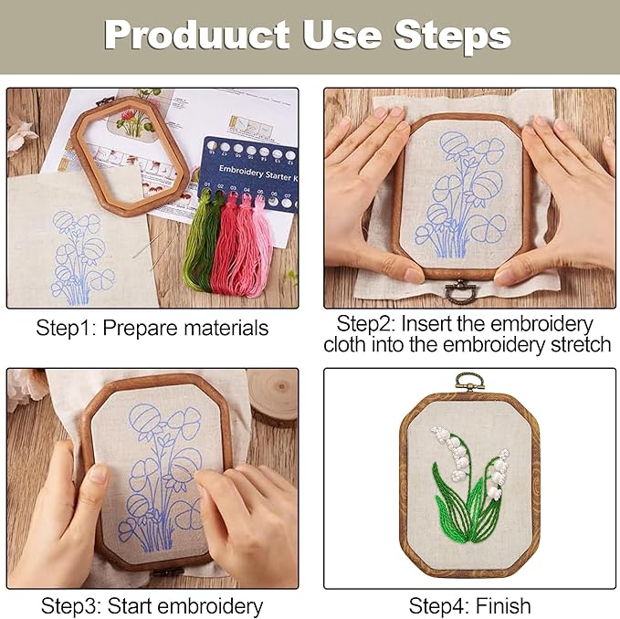 QBQBQ 5 Pack Octagon Flower Embroidery Starter Kit 7.9×5.9inch Vintage DIY Embroidery Kits for Adults Stamped Needlepoint Set with Step-by-Step Instructions Colorful Threads Craft Lover Gift