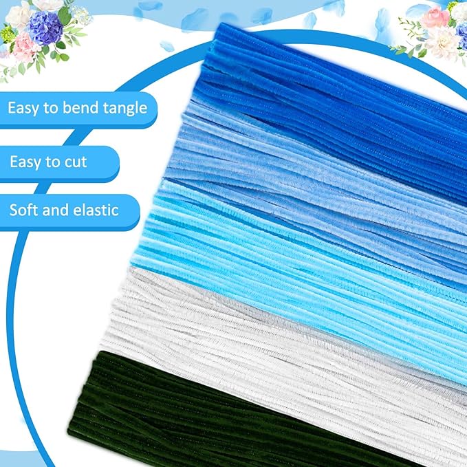 Peryiter 371 Pipe Cleaners Flowers Set, Mixed Colors Chenille Stems Bulk with Floral Wires, Gardening Tape, Stamen for DIY Flower Making Kit, Gift Idea for Mother's Day(Blue & Green)