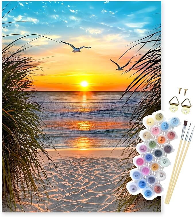NPCSWXQ Paint By Numbers Kit for Adults Beginners, Beach Sunset Oil Acrylic Painting Crafts Number Artist Paint Kit for Home Wall Bedroom Study or Office Decor Gift 16x20Inch