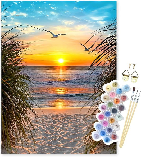 NPCSWXQ Paint By Numbers Kit for Adults Beginners, Beach Sunset Oil Acrylic Painting Crafts Number Artist Paint Kit for Home Wall Bedroom Study or Office Decor Gift 16x20Inch