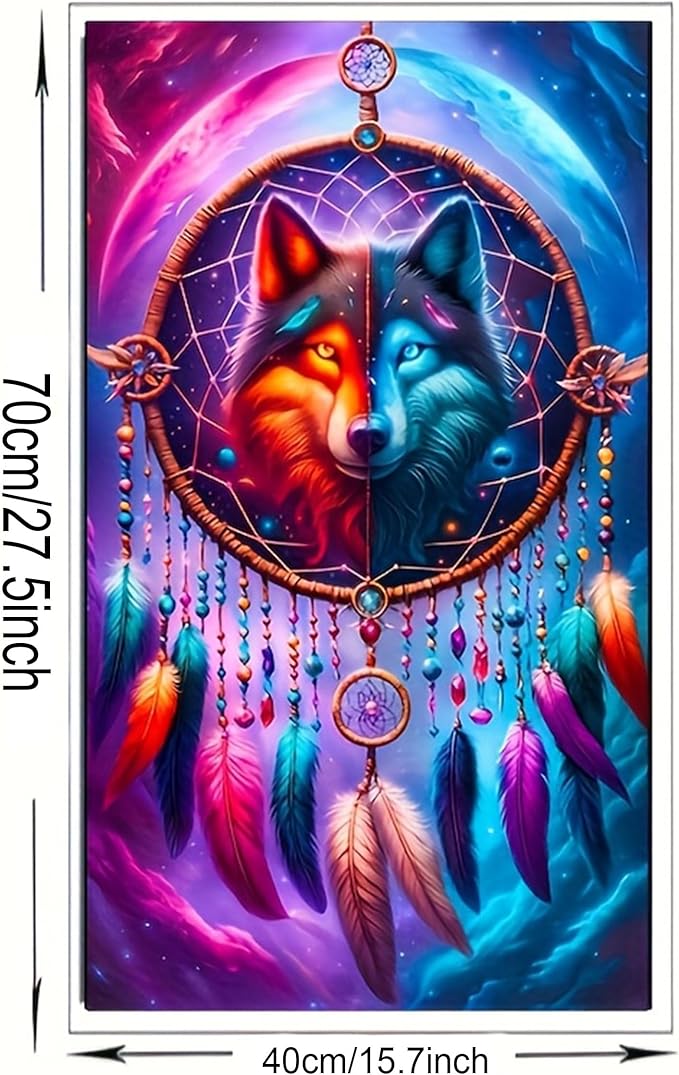 KUFWKEY Dreamcatcher Wolf 5D DIY Diamond Painting Kit for Adults,Full Round Drill Diamond Mosiac Embroidery Art,Animal Diamond Art Kits for Home Decor,Large Size 15.7x27.5 inch