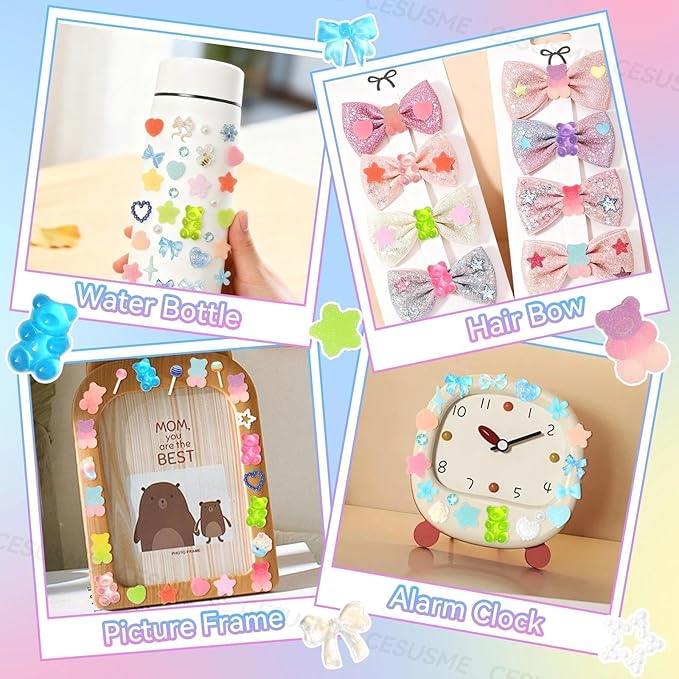 400 Pcs Candy Pearls Junk Phone Case Kit, Flower Bow Star Moon Pearls Case Phone Charms, Flatback Resin Rhinestones Cute Gummy Bear for Junk Cases Decor Accessories