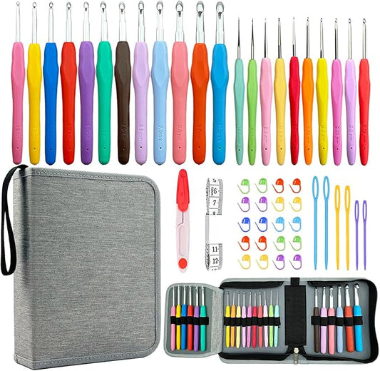Hobekoee 22 Sizes Crochet Hooks Set with Grey Case,0.5mm-10mm Ergonomic Soft Handle Crochet Hook Needles Set for Arthritic Hands,Complete Crochet Set