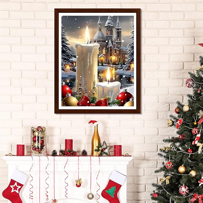 EMIEAUFG Christmas Diamond Art Kits for Adults, Christmas Candle Diamond Paiting Kit for Beginners, 5D DIY Round Full Drill Craft Diamond Dot Gem Art, Home Wall Decor 12" x 16"