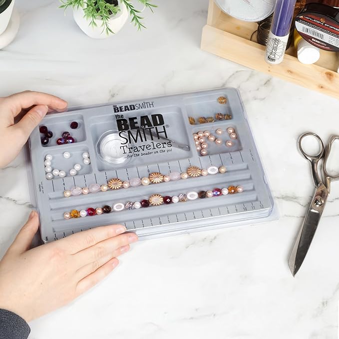 The Beadsmith Mini Bead Board - Grey Flocked, 4 Straight Channels, 5 Recessed Compartments, 7.75 x 11.25 inches, Design Boards for Creating Bracelets, Necklaces and Other Jewelry