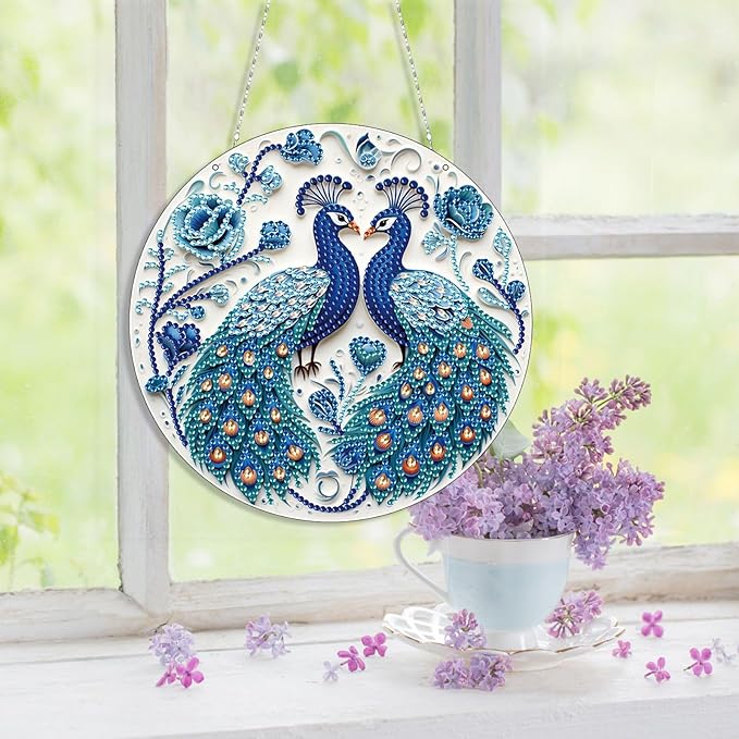 Generic DIY Hanging Diamond Pendant Special Shaped Crystal Diamond Art Painting Ornament Single Sided for Window Home Garden Wall Door Decor-Peafowl