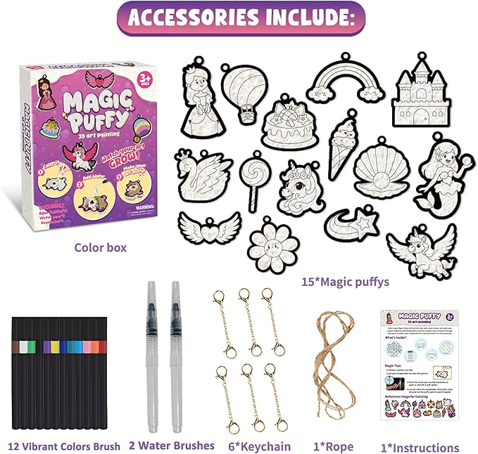 MZYTOZA 3D Art Kit Aqua Magic Puffs Princesses & Unicorns, Stocking Stuffers, 15 Mess-Free Paint by Number Craft for Kids, Christmas Gift Idea & Stocking Stuffer, Art Projects with Puff Markers