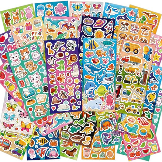 karslora 36 sheets stickers for kids, 800+ stickers for scrapbooking including animals, fruits, dinosaurs, hearts, cats, fish, cars, space and more, party favors for kids