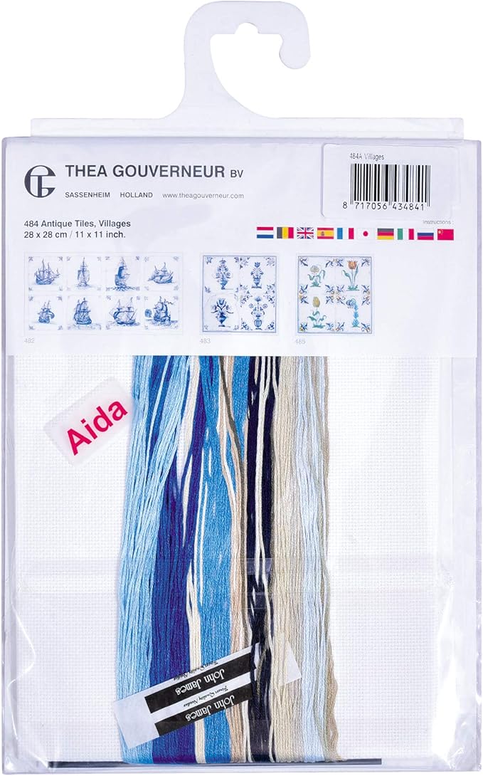 Thea Gouverneur - Counted Cross Stitch Kit - Antique Tiles Villages - Aida - 18 Count - Embroidery Kit for Adults - DMC Embroidery Threads and Other Cross Stitch Supplies Included - 484A
