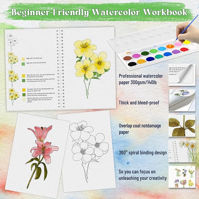 Beginners Watercolor Workbook for Adults -Step-by-Step Coloring Book Set-12 coloring book pages - Includes 16 color blocks and a brush - Professional Watercolor Paper: 300gsm/140lb (Flowers)