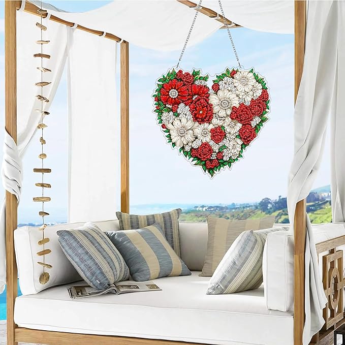 VAIIEYO Flower Diamond Art Hanging Ornament, Heart Diamond Painting Suncatchers Window Hanging Kit with Chain, 7.5x7.5 inch Crystal Pendant Art Craft for Gift Home Wall Front Door Decoration