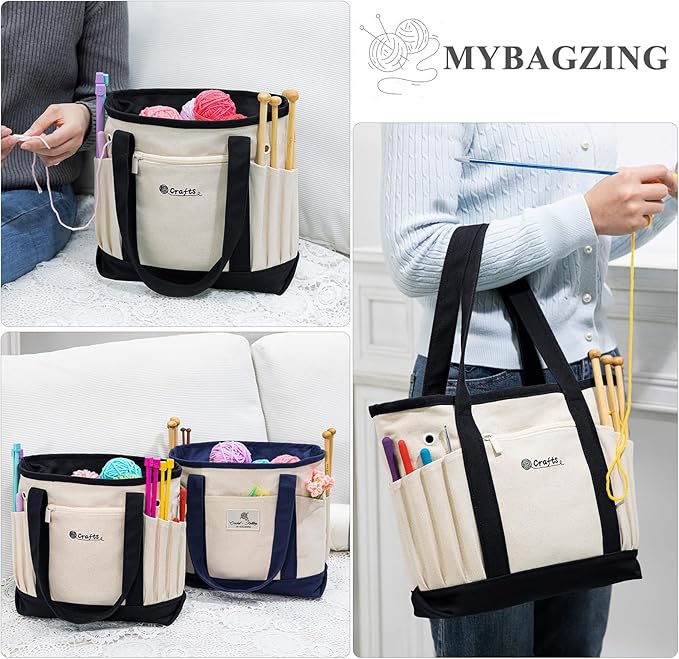Canvas Yarn Storage Organizer Bag Washable Crochet Bag with Pockets for Yarn, Hooks, Needles – Travel Knitting Tote for Crafters – Gift for Crocheters & Knitters (Medium/Large)