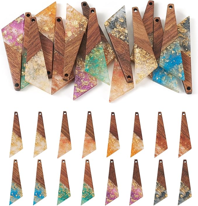Beadthoven Colorful Resin Long Triangle Charms for Earrings Making, 16pcs/8 Pairs Resin Wood Charms with Gold Foil Hanging Ornaments Wooden Pieces for Jewelry Making Necklace Bookmarks DIY Crafts