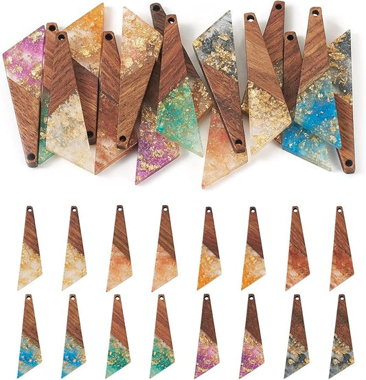Beadthoven Colorful Resin Long Triangle Charms for Earrings Making, 16pcs/8 Pairs Resin Wood Charms with Gold Foil Hanging Ornaments Wooden Pieces for Jewelry Making Necklace Bookmarks DIY Crafts