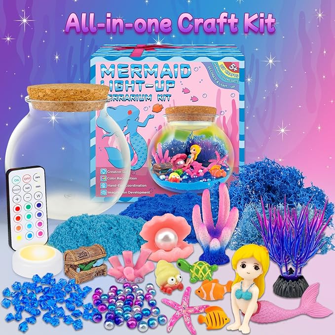 7july mermaid terrarium craft kit for kids - led night light up & remote mermaid birthday gifts toys for girls age 5 6 7 8 9 10 11 12 year old