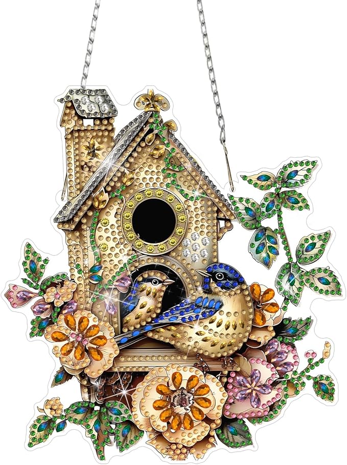 DOMROM Bird House Diamond Art Hanging Kits for Adults Beginners, Special Shaped Crystal Diamond Painting Bird Pendant, DIY Diamond Art Suncatchers Animal for Home Garden Wall Decor Gift