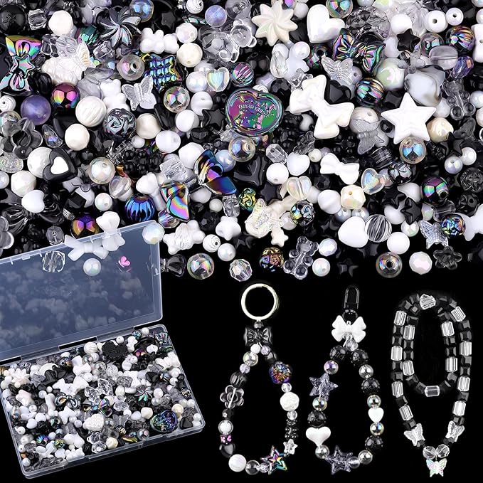 200-260PCS TINKRSTUFF Assorted Acrylic Beads Black Cute Bead for Bracelet Making,Bow Star Aesthetic Flower Butterfly GummyBear Round Kawaii Charms for Jewelry Necklace Making DIY Keychain Phone Charm