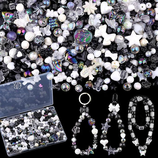 200-260PCS TINKRSTUFF Assorted Acrylic Beads Black Cute Bead for Bracelet Making,Bow Star Aesthetic Flower Butterfly GummyBear Round Kawaii Charms for Jewelry Necklace Making DIY Keychain Phone Charm