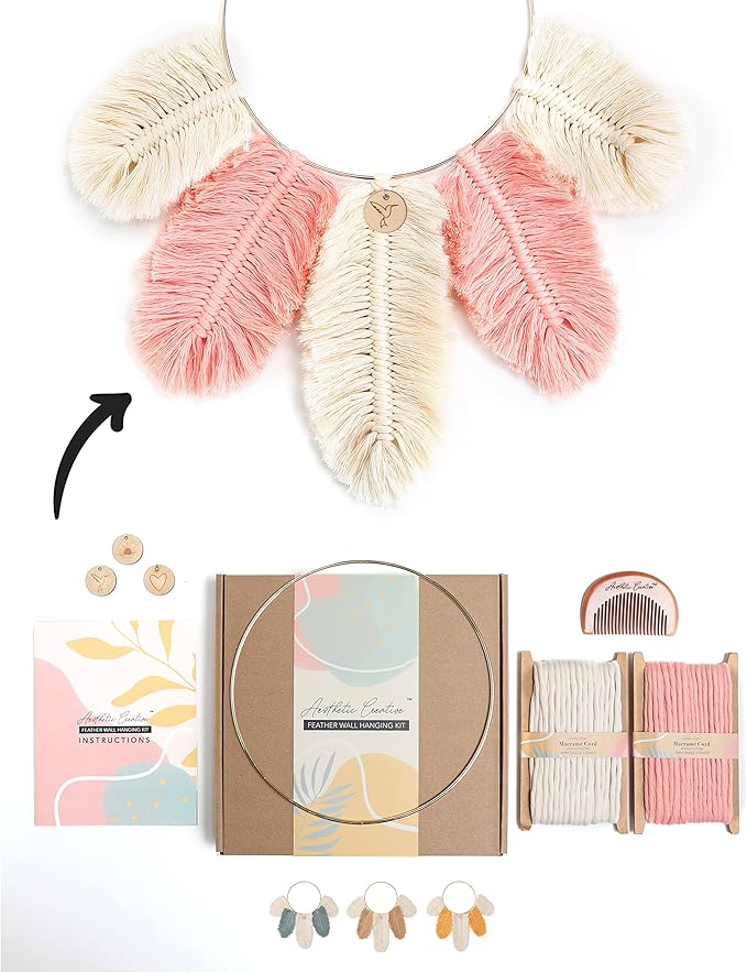 DIY Macrame Kit, Feather Dream Catcher Wall Hanging Kits for Teens & Adult Beginners, Craft Supplies for Boho Art Project-Macrame Cord, Gold Hoop, Accessories & Instructions (Salmon)