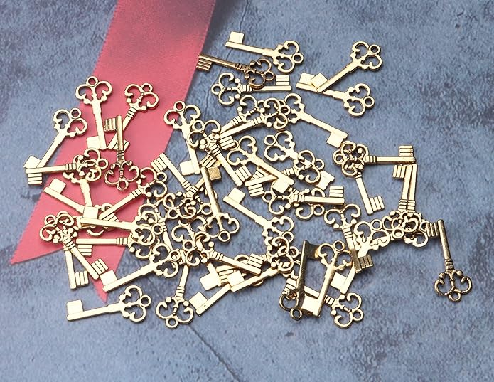 50 Pcs Keys Pendants Beading Supplies Vintage Metal Mini Key Charms for DIY Jewelry Making Kit Handmade Necklace Bracelet Key Ring Chain Earring Party Decoration