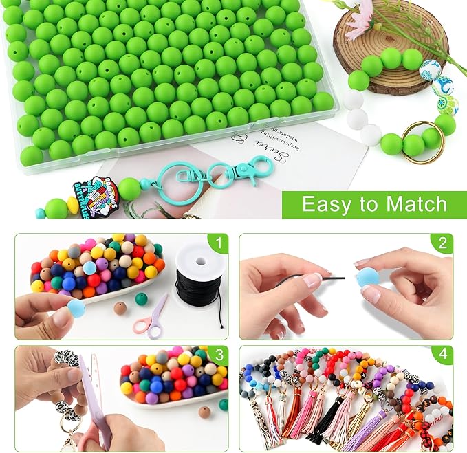 150Pcs 15mm Silicone Beads for Keychain Making Bracelet Necklace, Bulk Round Silicone Beads for Pens（Chartreuse）