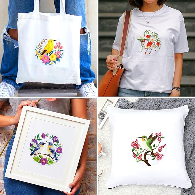 BEUNITONE Hummingbird Embroidery Kit for Adults, 6PC Floral Bird Cross Stitch Set with Colorful Threads, Nature Inspired DIY Artwork, Home Decor Gift for Her