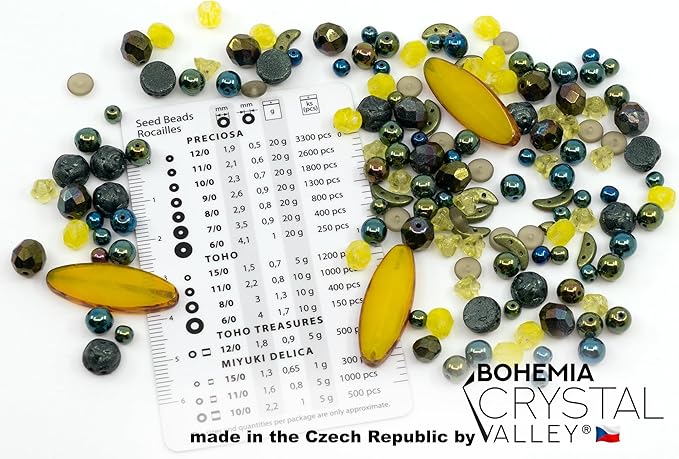 Bohemia Crystal Valley 1.4oz (40g) Limited Mix of Czech Glass Beads Table Cut, Matte and Glossy, Faceted Fire Polish, Hand Made Set Kit, Dark Lime