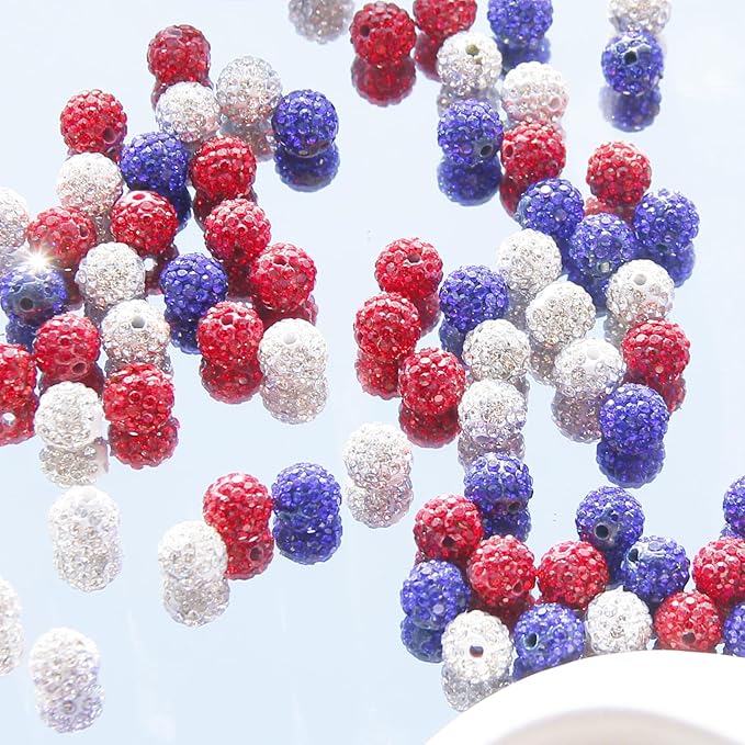 200 Pcs 10mm Rhinestone Beads for Jewelry Making, Blue Red White Shiny Round Shamballa Disco Baseball Necklace Beads Sparkle Crystal Clay Pave Rhinestones Bead for DIY Bracelet Earring Keychain Making