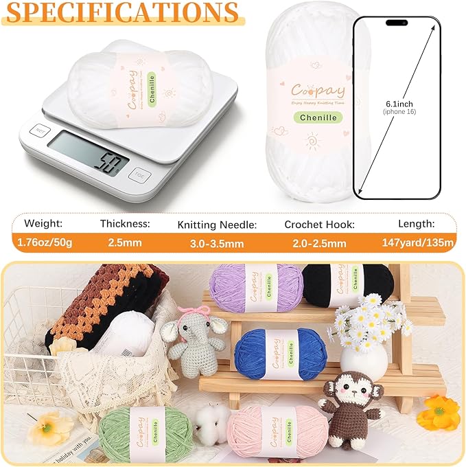 Coopay Skinny Chenille Yarn for Crocheting and Knitting, 12 Pack of 50g/1.76oz - 1764yd Total, Soft Crochet Yarn of Light Weights - Suitable for Baby Blankets, Plush Dolls, Garments (White)