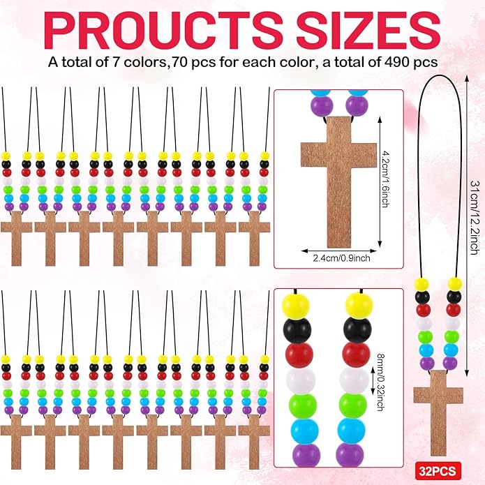 Kathfly DIY Wood Cross on Cord Pendant Necklace Sunday School Crafts for Kids Wood Cross Necklace with Colorful Beads Religious Party Favor for Vbs Church Easter Gifts