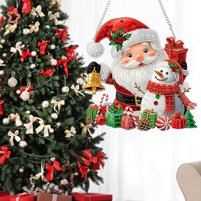 CEOVR Christmas Hanging Diamond Painting, Santa Claus Snowman Special Shape Diamond Art for Adults, Christmas Winter DIY Gem Art, Acrylic Home Garden Decor with Chain, Box Kit 9.37x9.3In