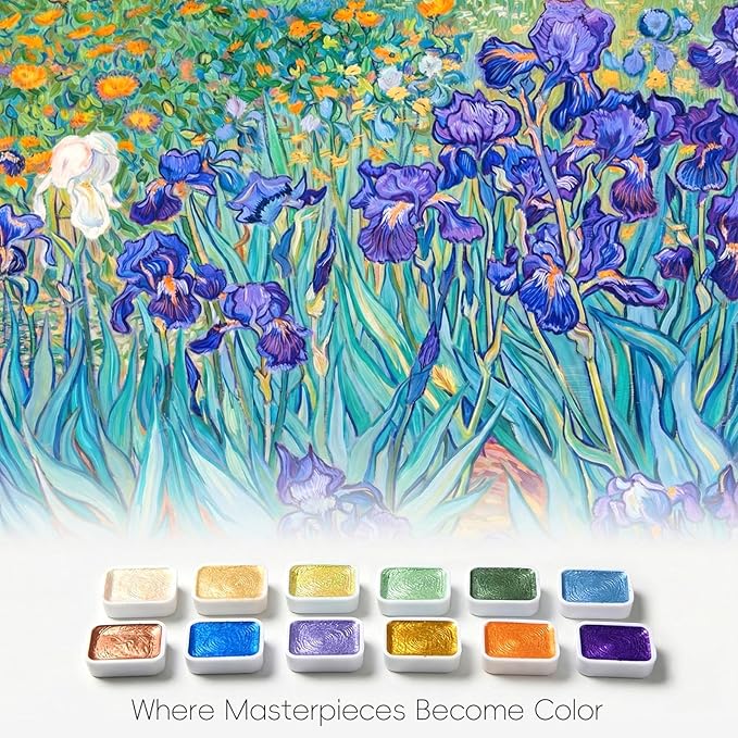mini watercolor travel set, 12 Color Watercolor Paint Set (Pearl Shimmer) in Metal Tin with 300gsm Sketchbook, Portable Art Kit for Travel & Beginners（Inspired by Irises）