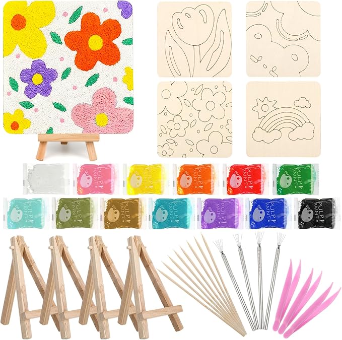 4 Pack Painting Kits for Adults Beginners 5.9 x 5.9 Inch 3D Paper Pulp Painting with 23 Pulp, 4 Tabletop Easels, 4 Blank Canvas Panels and Other Tool for Desktop Decor Home