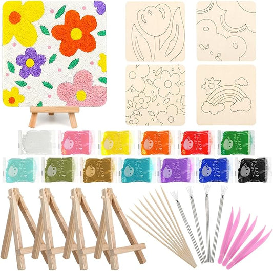 4 Pack Painting Kits for Adults Beginners 5.9 x 5.9 Inch 3D Paper Pulp Painting with 23 Pulp, 4 Tabletop Easels, 4 Blank Canvas Panels and Other Tool for Desktop Decor Home