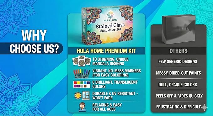 Hula Home Stained Glass Mandala Art Kit - DIY Window Clings with Markers, 10 Suncatchers - Perfect Hobby for Adults, Kids, Teens & Seniors - Ideal Gift for Beginners, Women & Elderly
