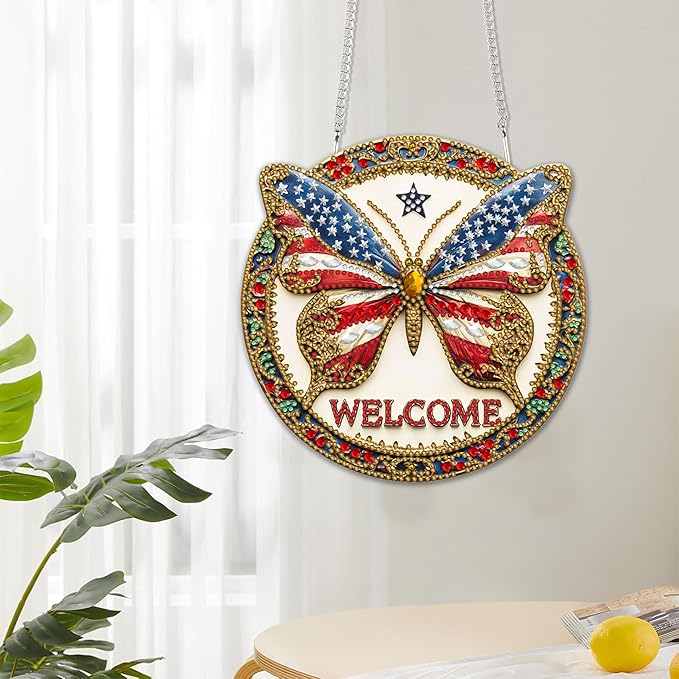 Reofrey Hanging Diamond Art Kits for Adults– 8x8 Inch Butterfly Acrylic Board Double Sided Pattern Diamond Painting Suncatcher Pendant, DIY Crystal Art for Home Wall or Window Decoration Handmade Gift