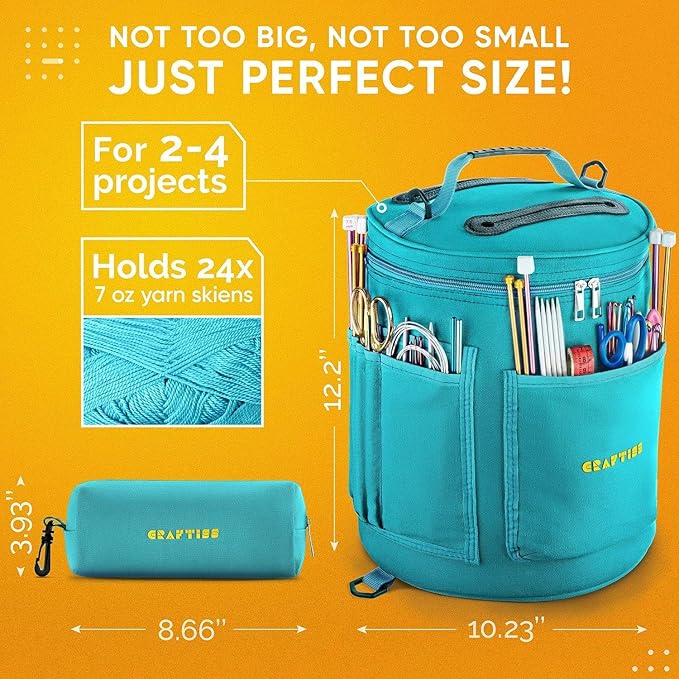 CRAFTISS Knitting Bag Yarn Storage - Gift for Crocheters - Durable Canvas Yarn Holder for Crochet Accessories - Organizer Crochet Bag with Knitting Accessories Case (Turquoise)