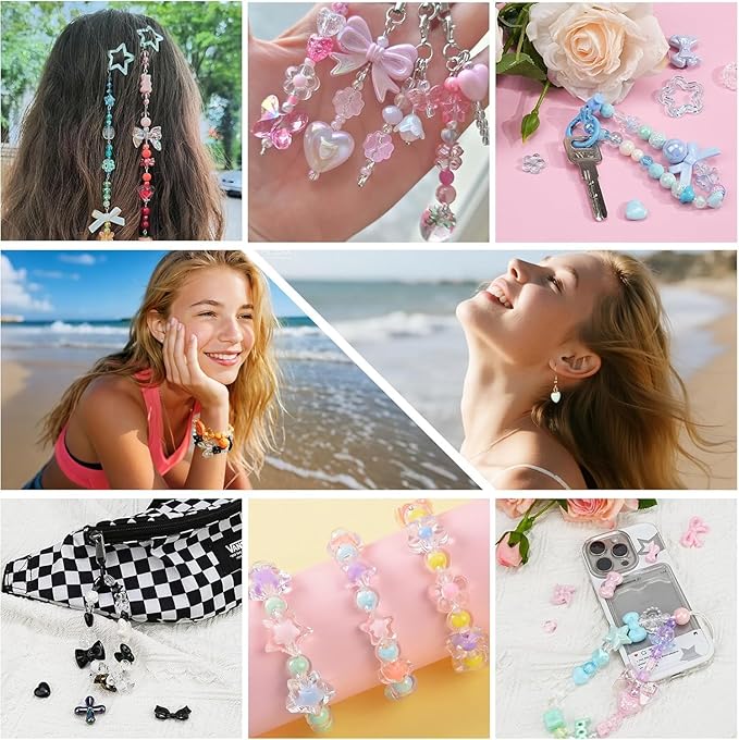 480Pcs Assorted Beads Bracelet Making Kit with String, 6 Colors Cute Stuff Acrylic Charms for Jewelry Making Crafts Kawaii Bow Star Flower Shaped Bead for DIY Keychain Bag Lipgloss Charms